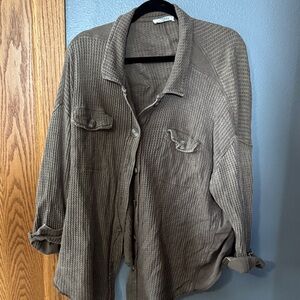 Zenana Outfitters Taupe Waffle Knit Shirt Jacket
